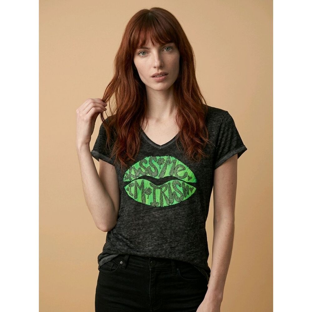 🔺Rocker Girl Black w/Green Glitter Lios Kiss Me I'm Irish Burnout Top XLarge